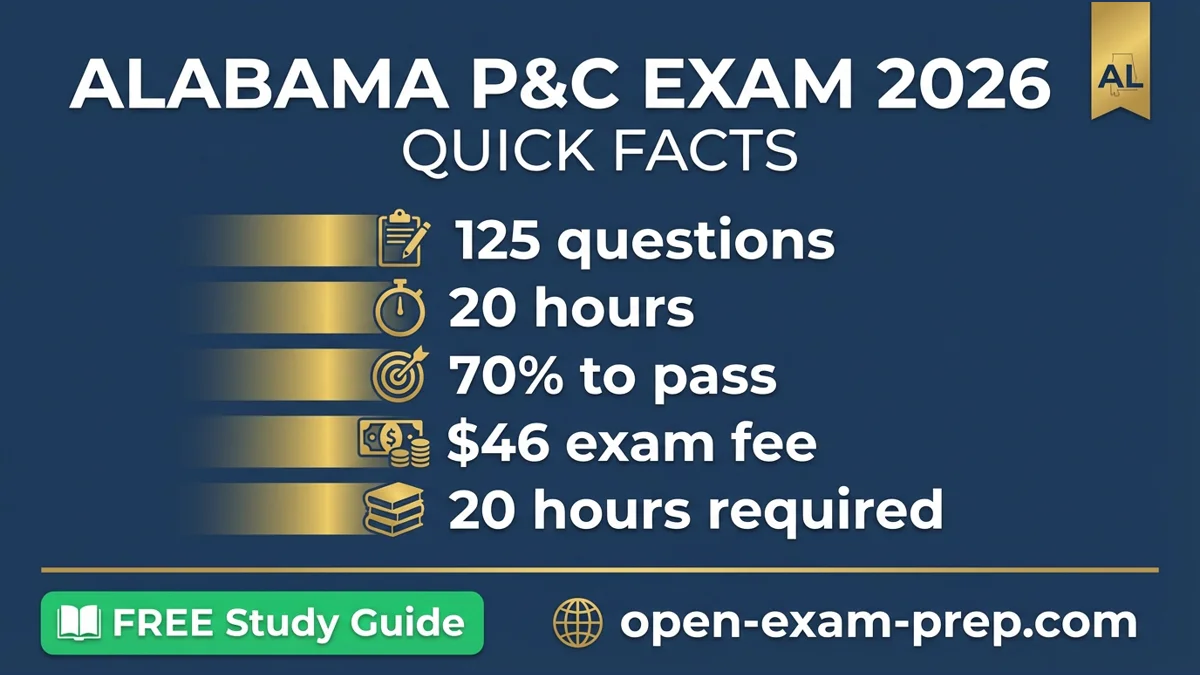 Alabama P&C exam 2026: 125 questions, 70% pass, $46 fee, 20 hrs education