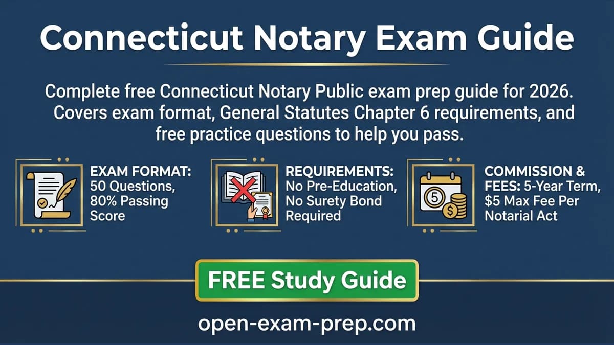 CT Notary Exam 2026: 50 questions, 80% pass, no education, $5 max fee
