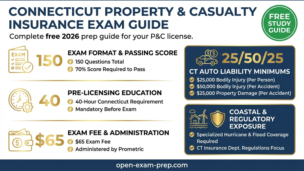 Connecticut P&C Exam 2026: 150 questions, 70% pass, $65 fee, 40-hour course, 25/50/25 auto limits