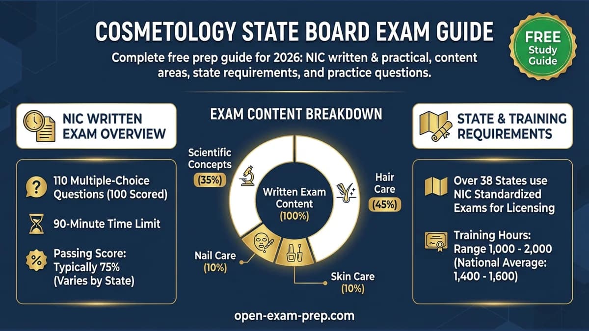 Cosmetology NIC Exam 2026: 110 questions, 75% passing, 1000-2000 training hours