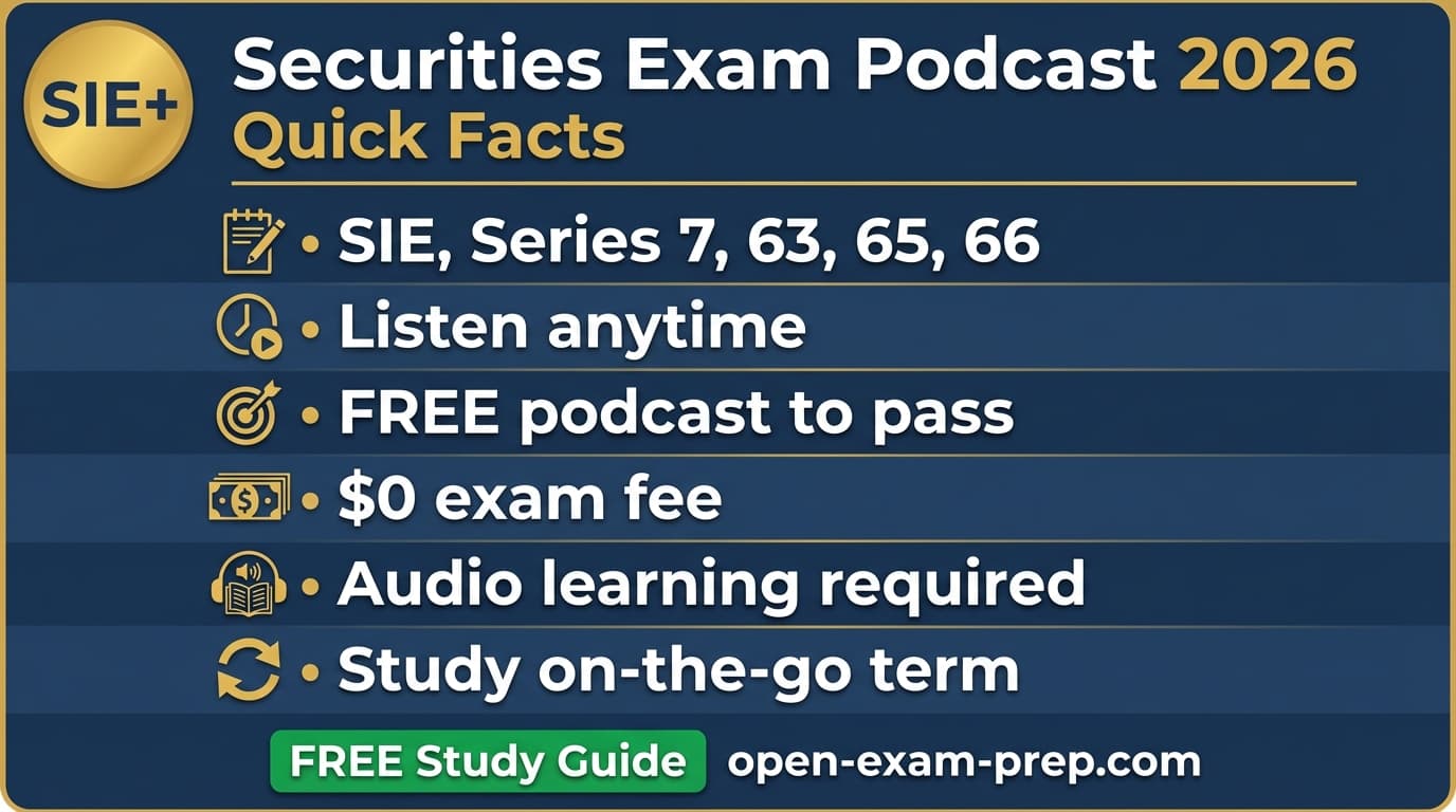 Free securities exam podcast 2026: SIE, Series 7, 63, 65, 66 audio study guide. Listen on Spotify, Apple Podcasts.