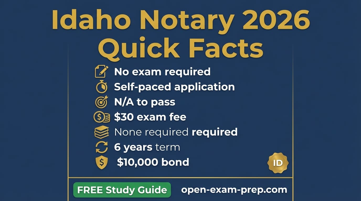 Idaho notary 2026: no exam, $30 fee, 6-year commission, $10,000 bond, no education