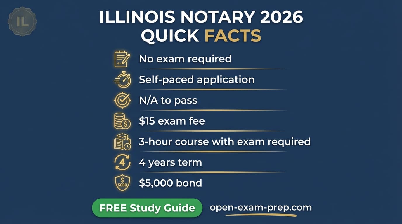 Illinois notary 2026: no exam, $15 fee, 4-year commission, $5,000 bond, 3-hour course