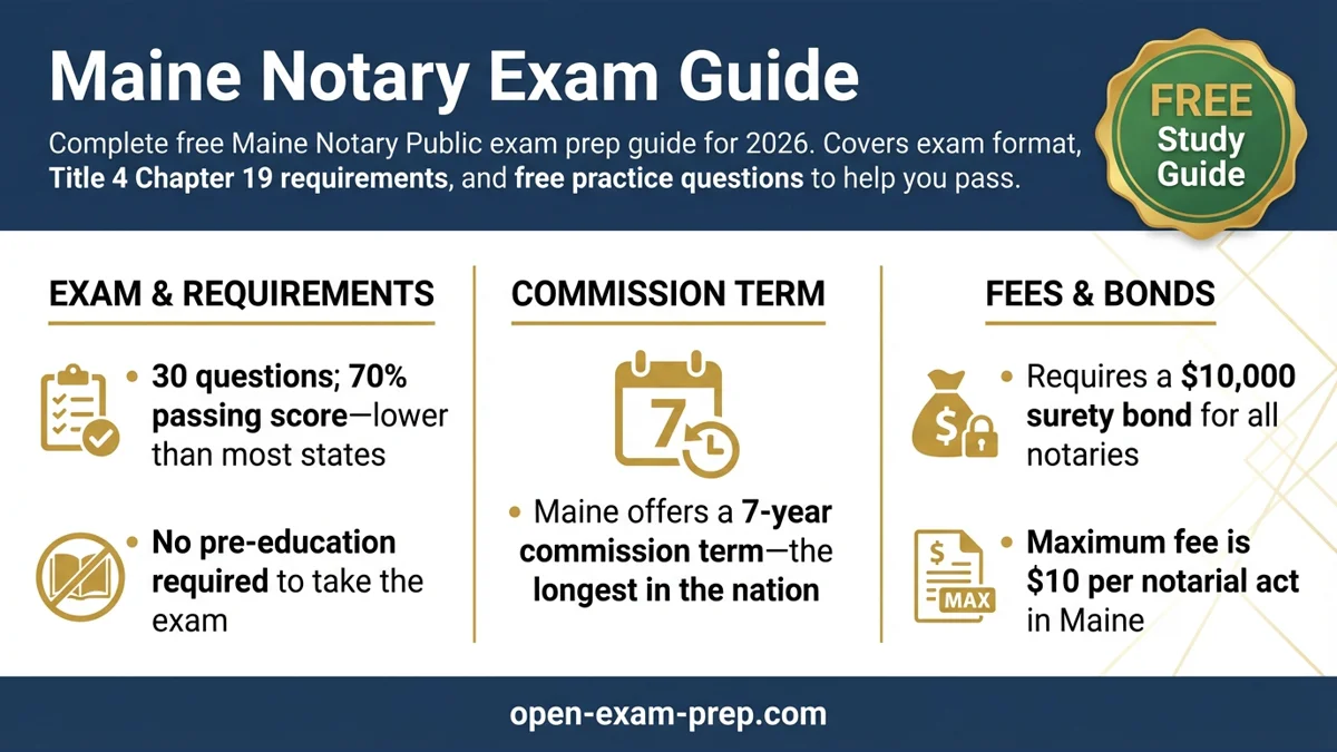 Maine Notary Exam 2026: 30 questions, 70% pass, $10 fee, 7-year term