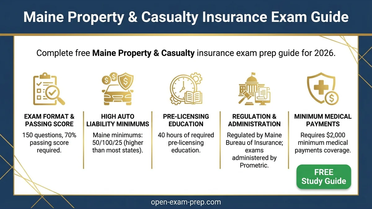 Maine P&C exam 2026: 150 questions, 70% pass, 40-hr course, 50/100/25 auto liability