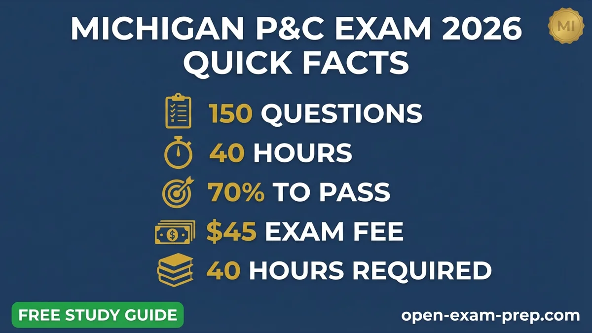 Michigan P&C Exam 2026: 150 questions, 70% pass, $45 fee, 40-hour course
