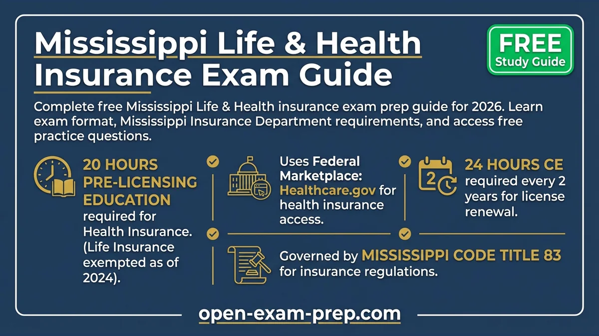 Mississippi Life & Health Exam 2026: 20 hrs Health pre-license, Healthcare.gov, 24 hrs CE/2 yrs