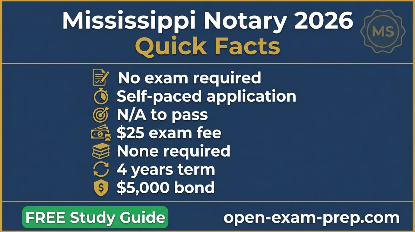 Mississippi notary 2026: no exam, $25 fee, 4-year commission, $5,000 bond