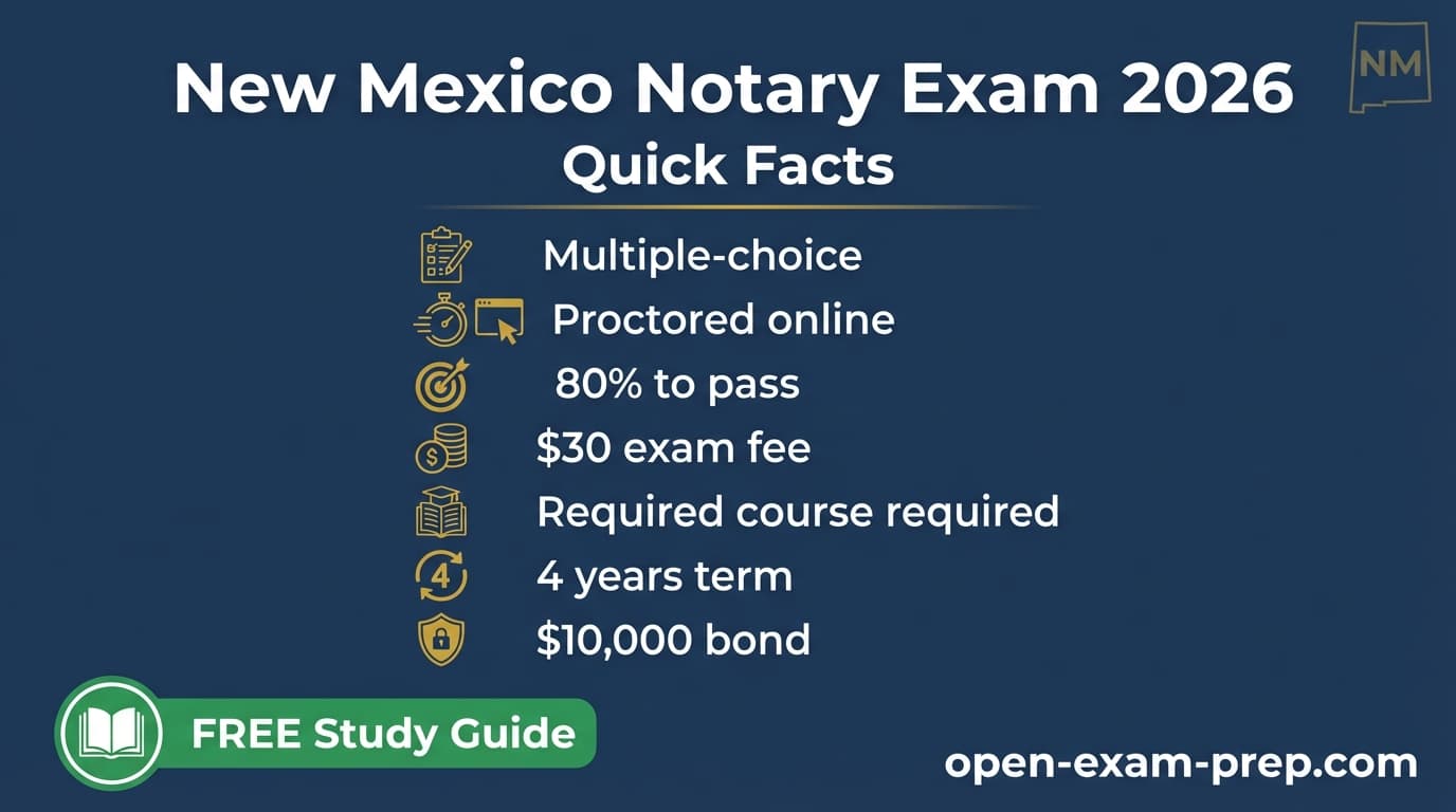 New Mexico notary exam 2026: 80% passing score, $30 fee, $10,000 bond, education required