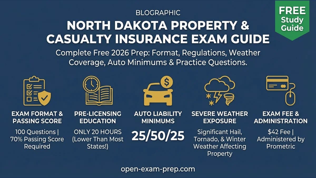 North Dakota P&C Exam 2026: 100 questions, 70% pass, $42 fee, 20 hours education