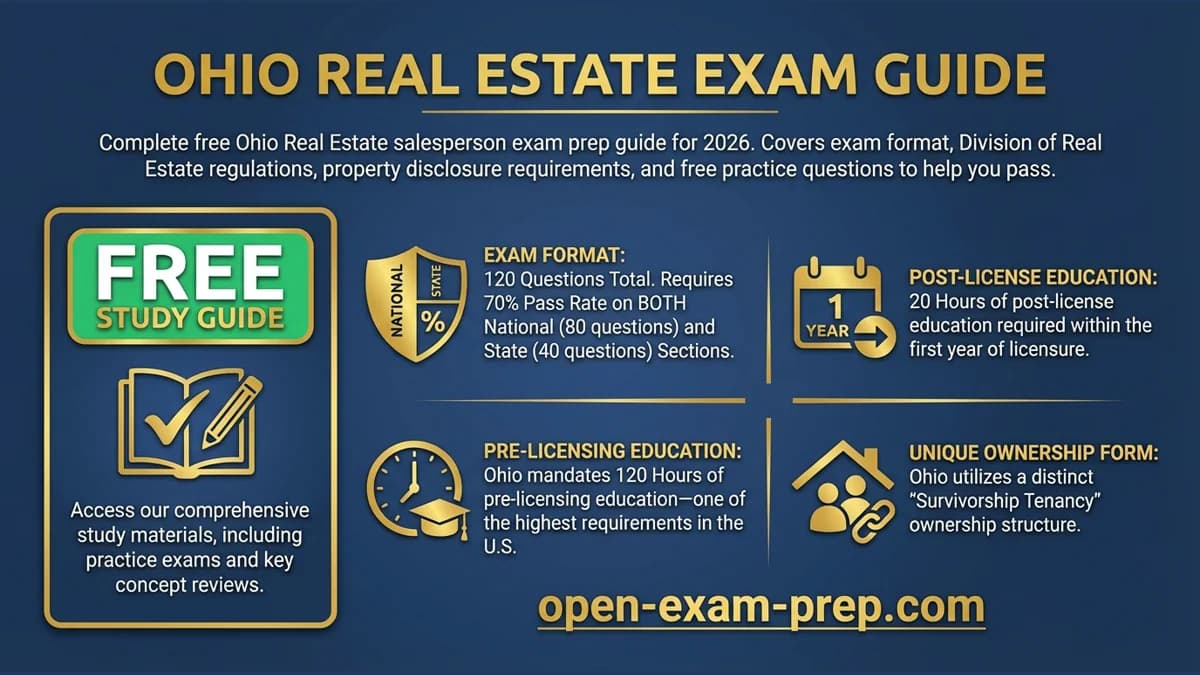 Ohio Real Estate Exam 2026: 120 questions, 70% passing, 120 hours pre-license, 3-year license