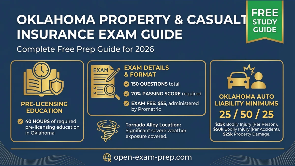Oklahoma P&C exam 2026: 150 questions, 70% pass, $55 fee, 40 hours education