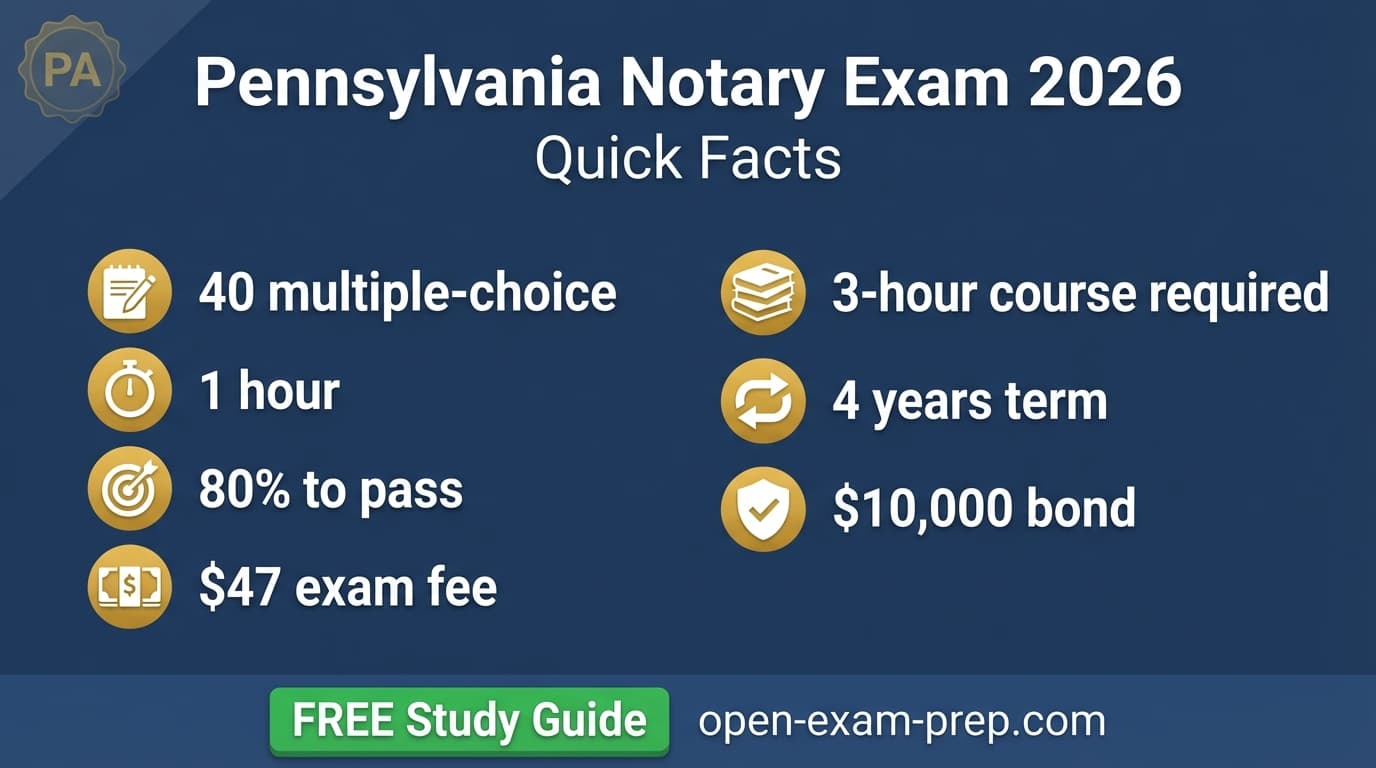 PA Notary Exam 2026: 40 questions, 80% pass, $5 fee, 3-hour course, RULONA, e-journal required
