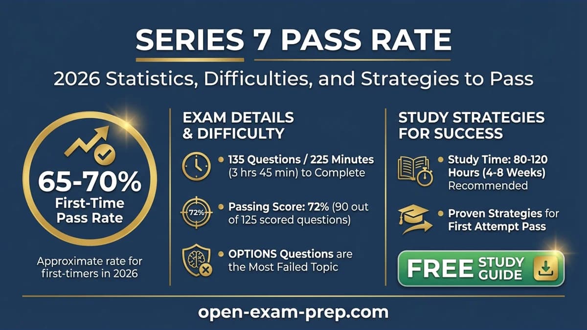 Series 7 Exam 2026: 65-70% pass rate, 135 questions, 72% passing, 80-120 study hours