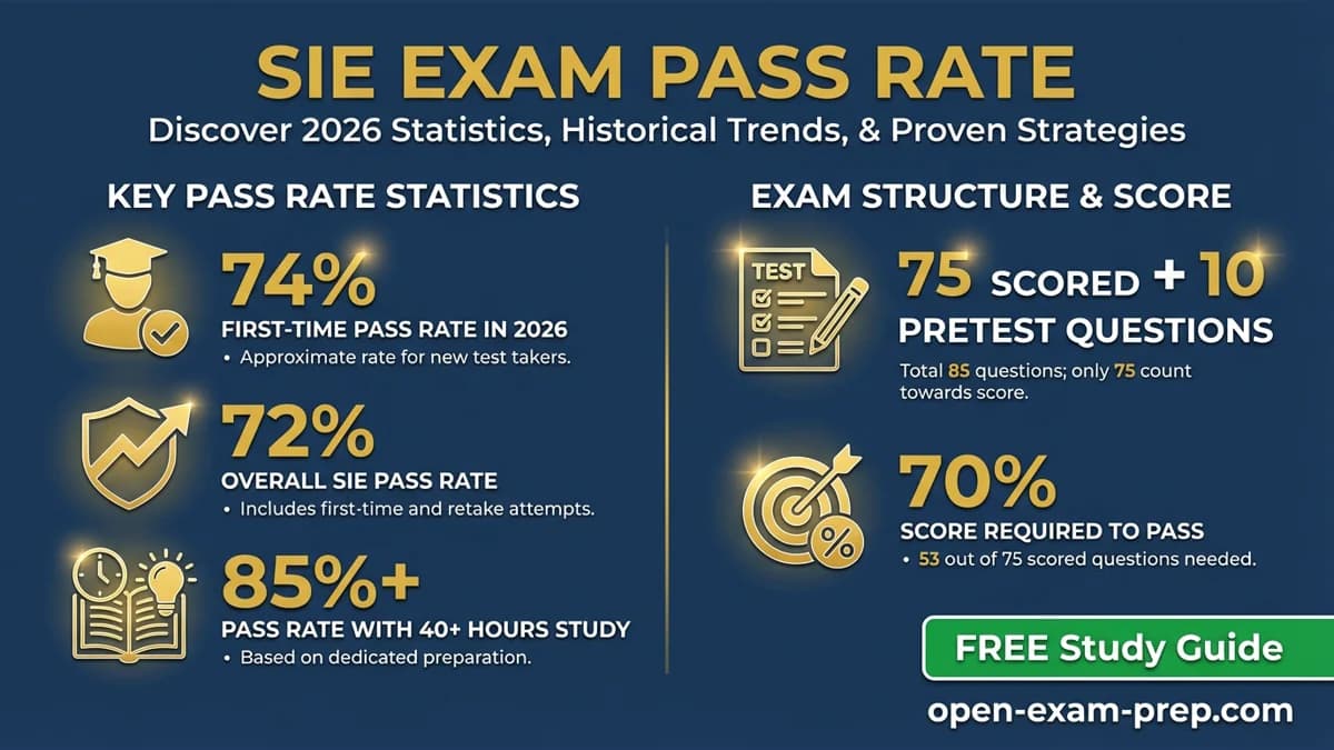 SIE exam 2026: 74% pass rate, 75 questions, $80 fee, 40+ study hours for 85%+ pass