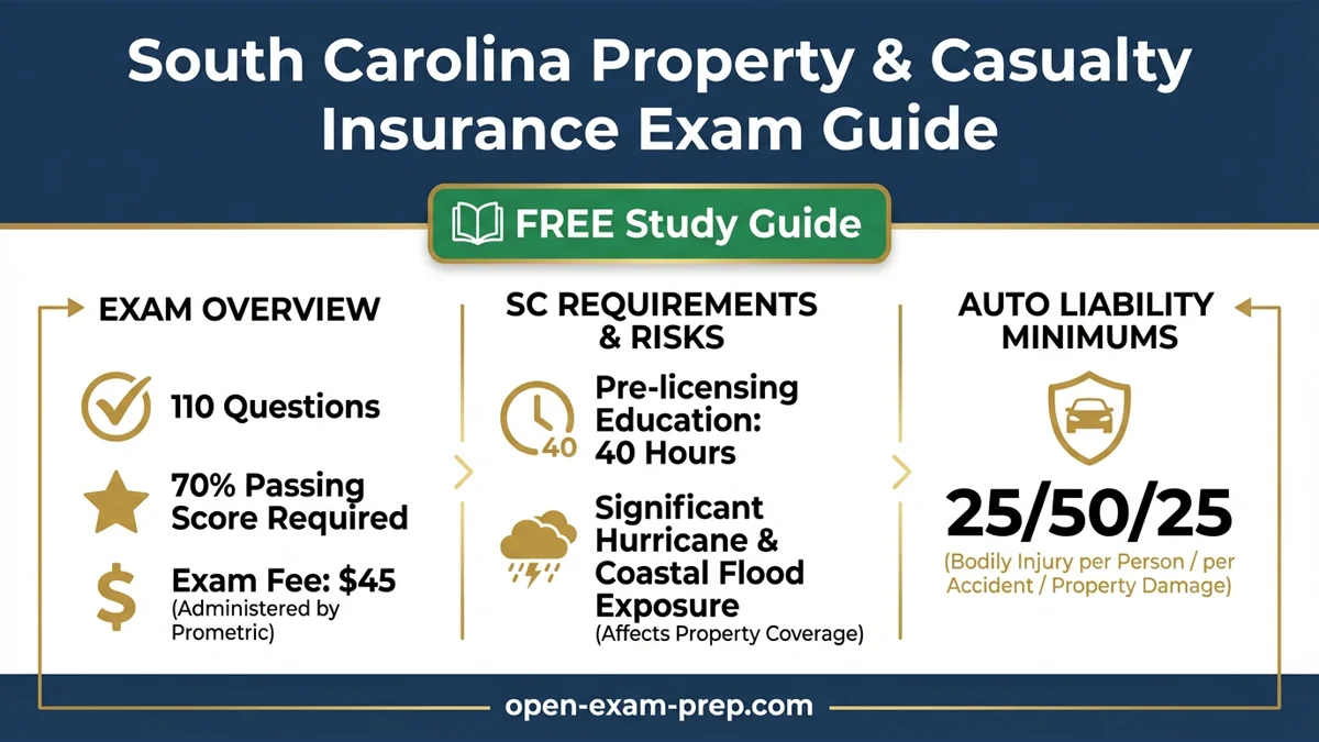 SC P&C Exam 2026: 110 questions, 70% pass, $45 fee, 40 hrs education, 25/50/25 auto limits
