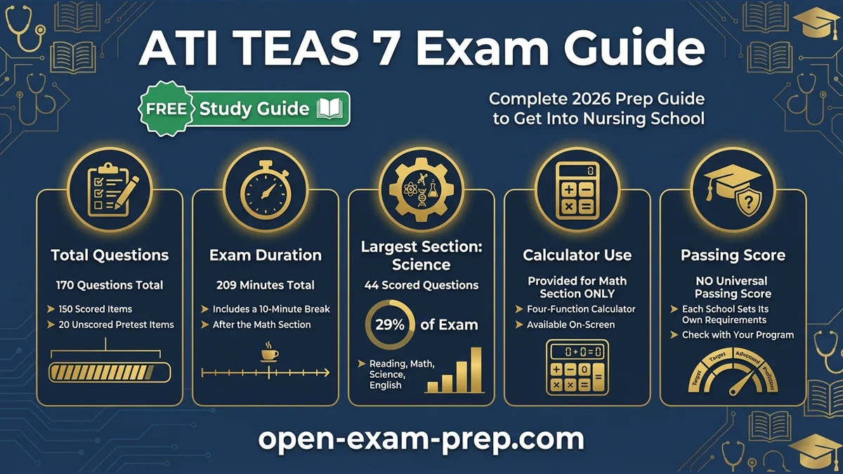 ATI TEAS 7 Exam 2026: 170 questions, 209 minutes, Science is 29%, 65-75% passing