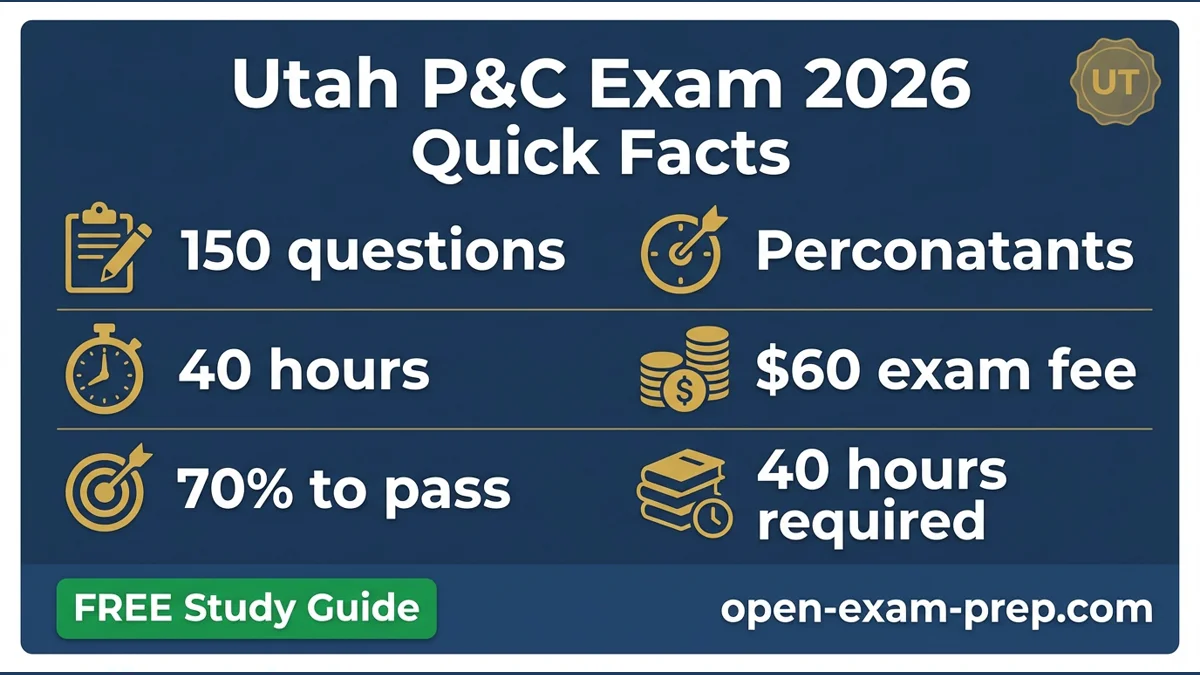 Utah P&C Exam 2026: 150 questions, 70% pass, $60 fee, 40-hour course, Utah auto 25/65/15
