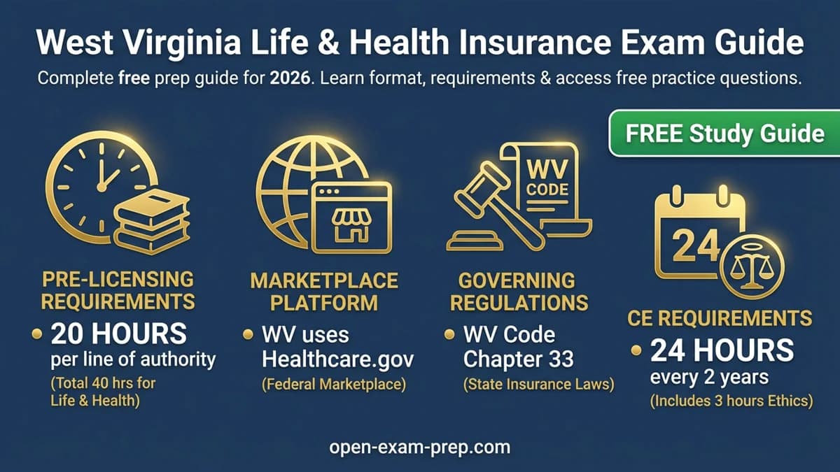 WV Life & Health Insurance Exam 2026: 20 hrs pre-license, Healthcare.gov, 24 hrs CE/2 yrs