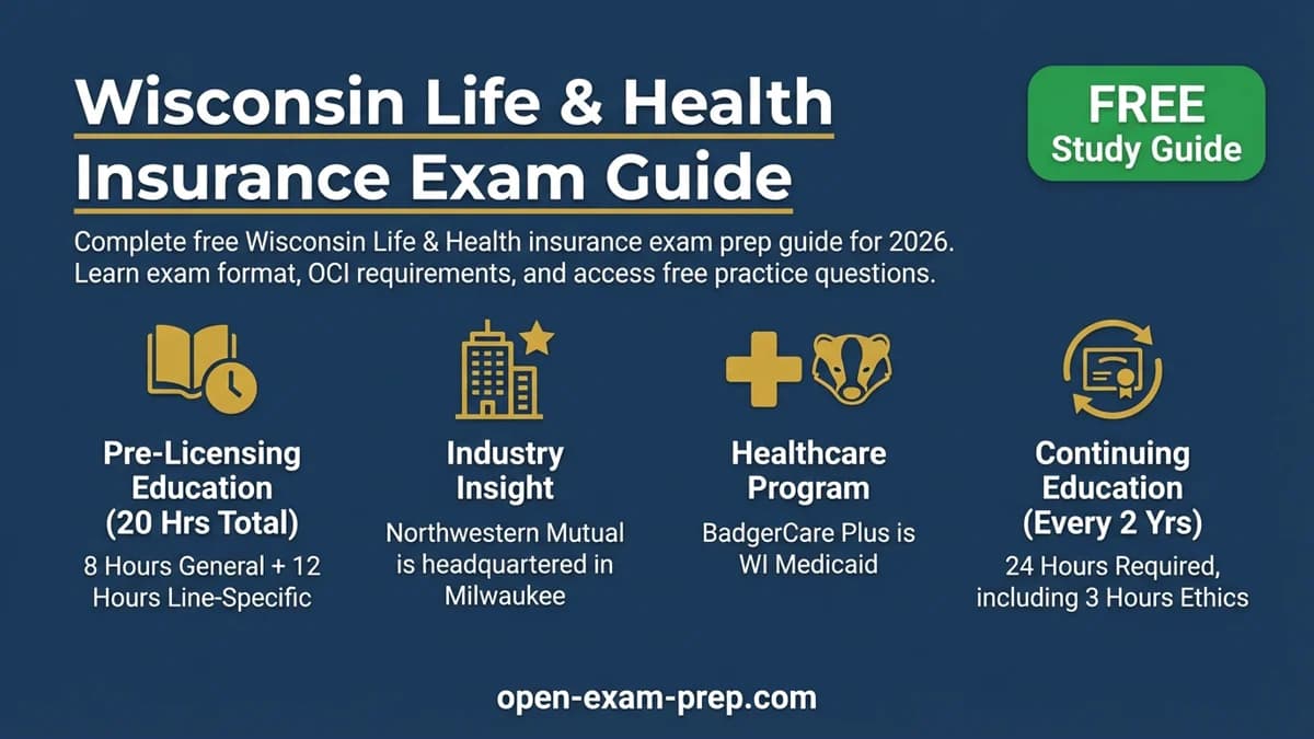Wisconsin Life & Health Exam 2026: 20 hrs pre-license, BadgerCare Plus Medicaid, 24 hrs CE