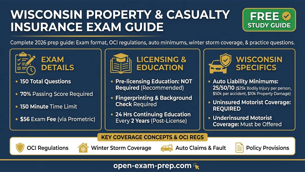 Wisconsin P&C Exam 2026: 150 questions, 70% pass, $56 fee, no pre-licensing required
