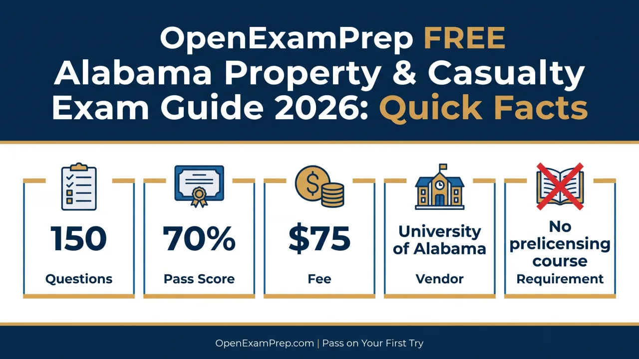 Alabama P&C exam 2026: 150 questions, 70% pass, $75 fee, University of Alabama, no prelicensing course