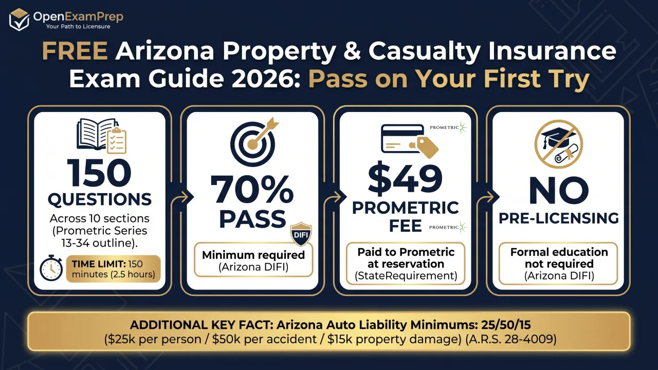Arizona P&C Exam 2026: 150 questions, 70% pass, $49 Prometric fee, no pre-licensing education required