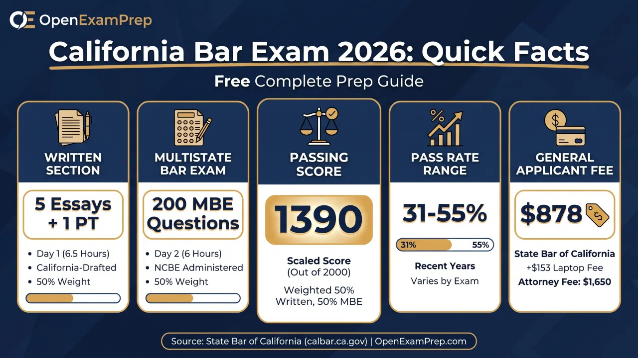 California Bar Exam 2026: 5 essays + 1 PT, 200 MBE, 1390 score, 31-55% pass, $878 fee