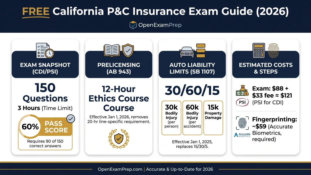 CA P&C Exam 2026: 150 questions, 60% pass, 12-hr ethics prelicensing, 30/60/15 auto limits
