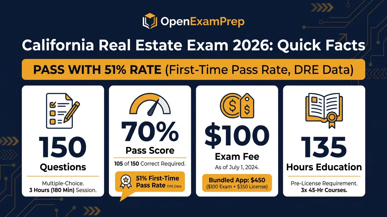 California Real Estate Exam 2026: 150 questions, 70% pass, $100 fee, 135 hours education