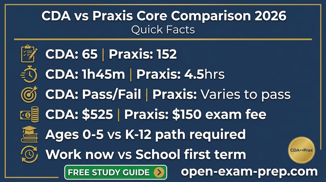 CDA vs Praxis Core 2026: CDA work immediately ages 0-5 childcare, Praxis Core teacher prep admission K-12 public school path