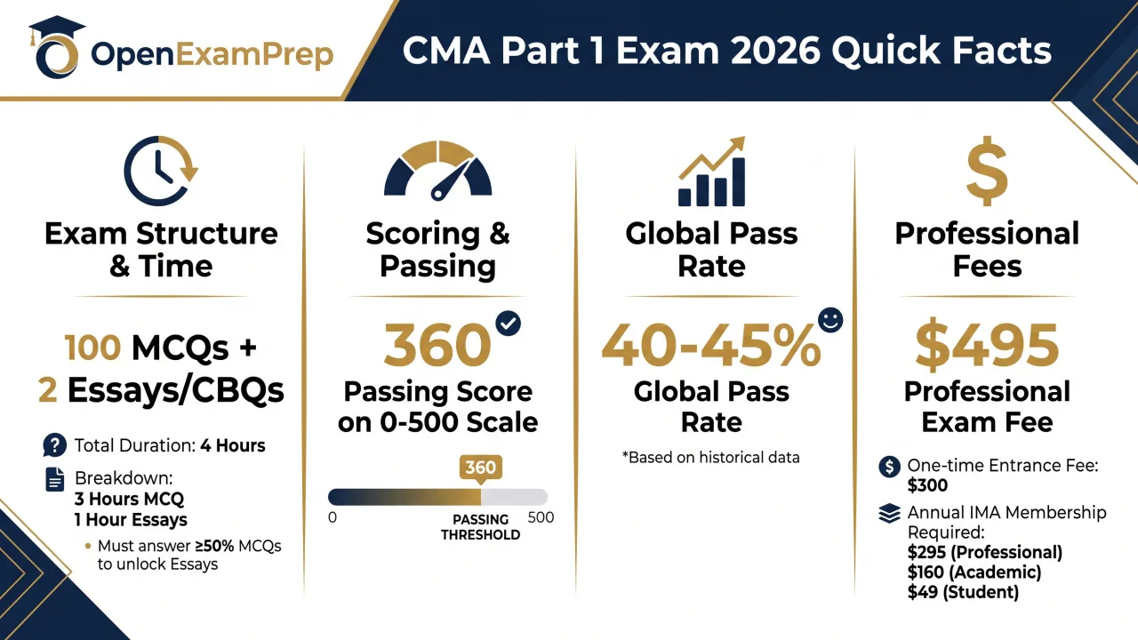 CMA Part 1 exam 2026 quick facts: 100 MCQs + 2 essays/CBQs, 4 hours, 360 passing score on 0-500 scale, $495 professional exam fee, 40-45% pass rate