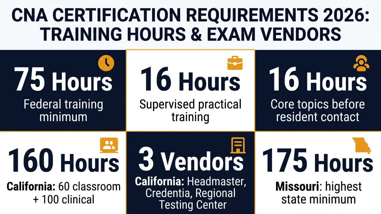 CNA certification 2026: 75-hour federal training minimum, 16 supervised practical hours, California 160 hours with three CDPH exam vendors, Missouri 175 hours