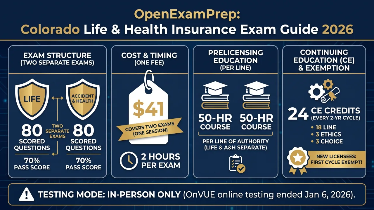Colorado Life & Health 2026: 80 scored questions each, 70% pass, $41 covers two exams, 50-hr course per line