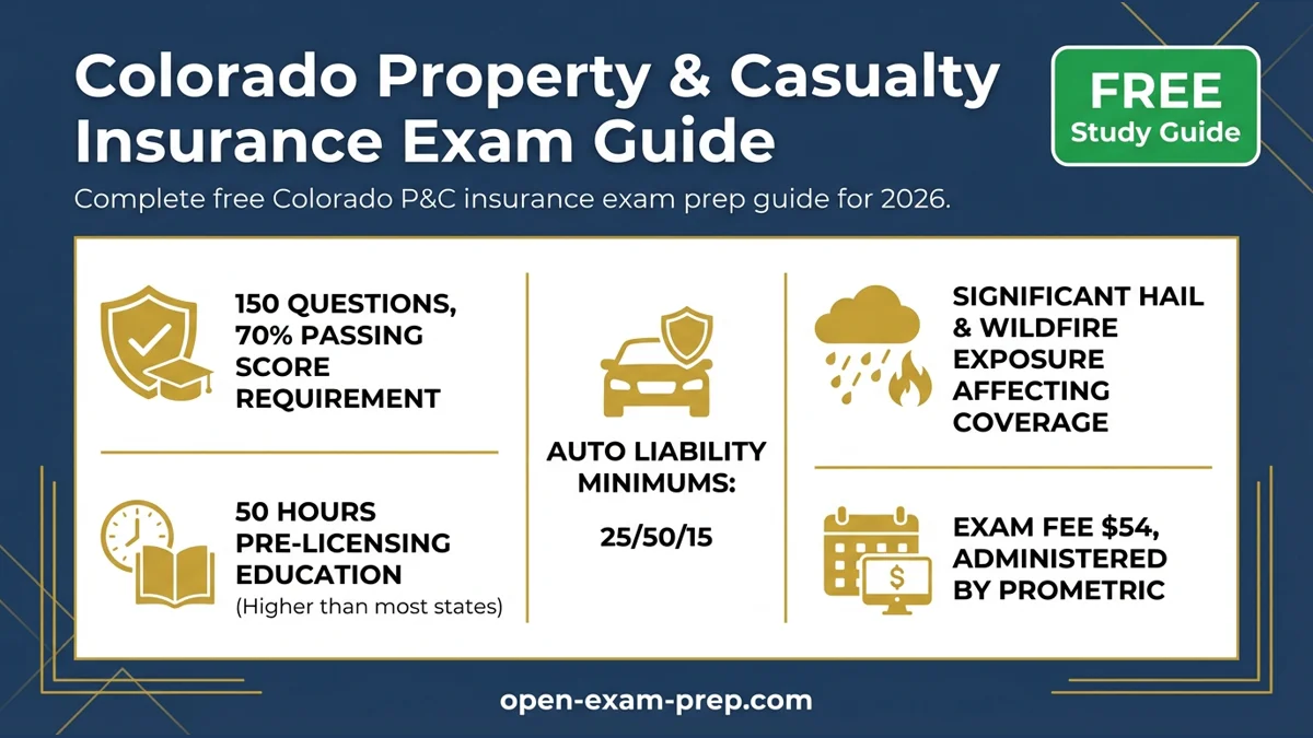 Colorado P&C Exam 2026: 150 questions, 70% pass, $54 fee, 50 hours education, 25/50/15 auto limits