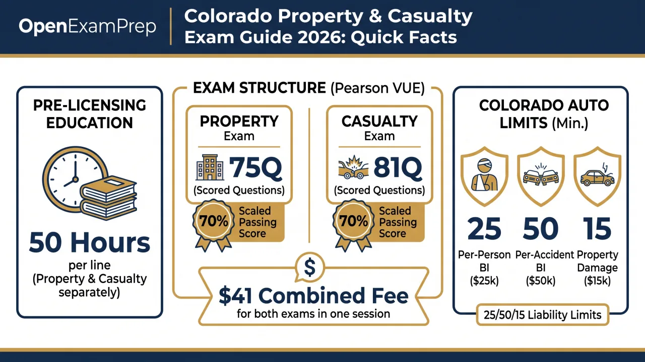 Colorado P&C Exam 2026: separate Property (75Q) and Casualty (81Q) exams, 70% scaled passing score, $41 combined Pearson VUE fee, 50 hours pre-licensing per line, 25/50/15 auto limits