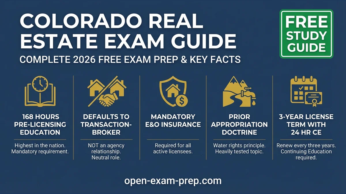 Colorado Real Estate Exam 2026: 168-hour course, Transaction-Broker, E&O insurance required