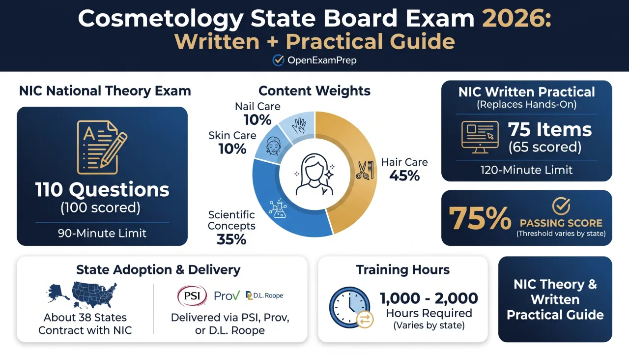 Cosmetology NIC Exam 2026: 110 questions, theory weights Hair 45/Scientific 35/Skin 10/Nail 10, 75% passing