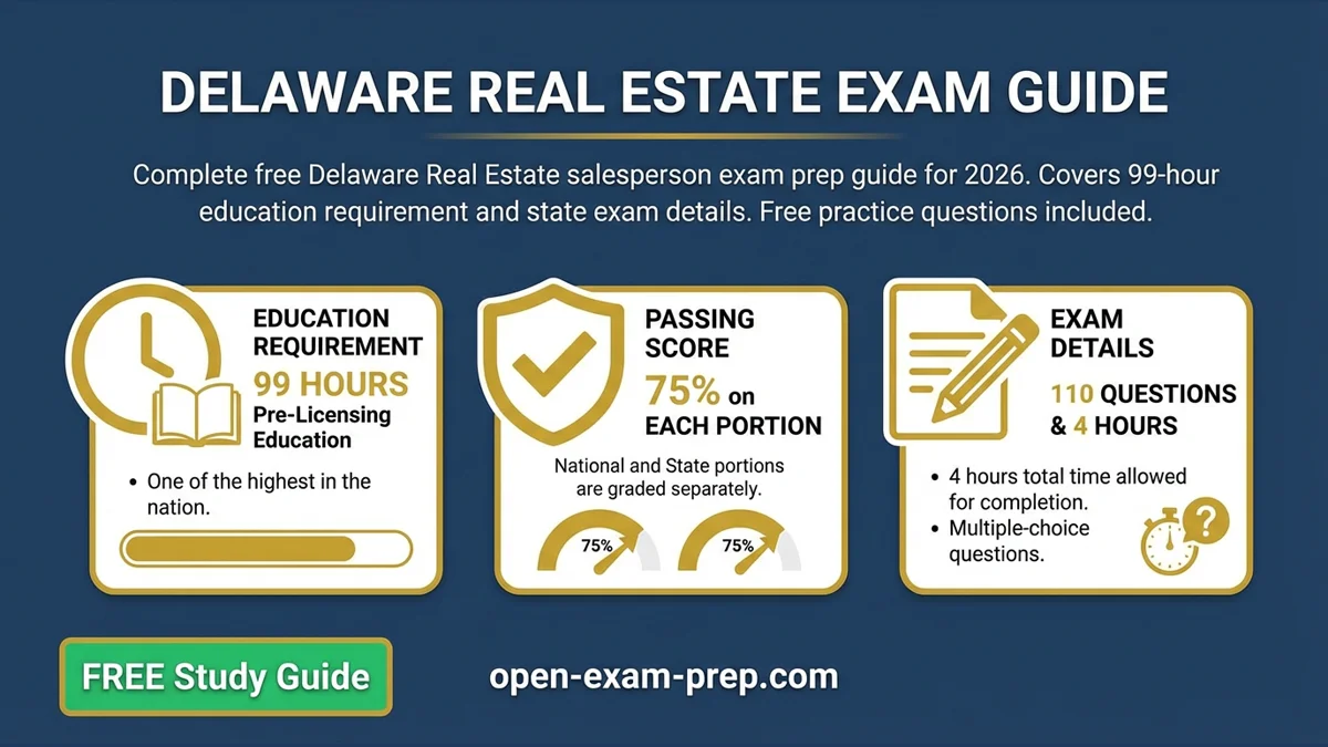 Delaware Real Estate Exam 2026: 99 hrs, 110 questions, 75% passing score, license prep