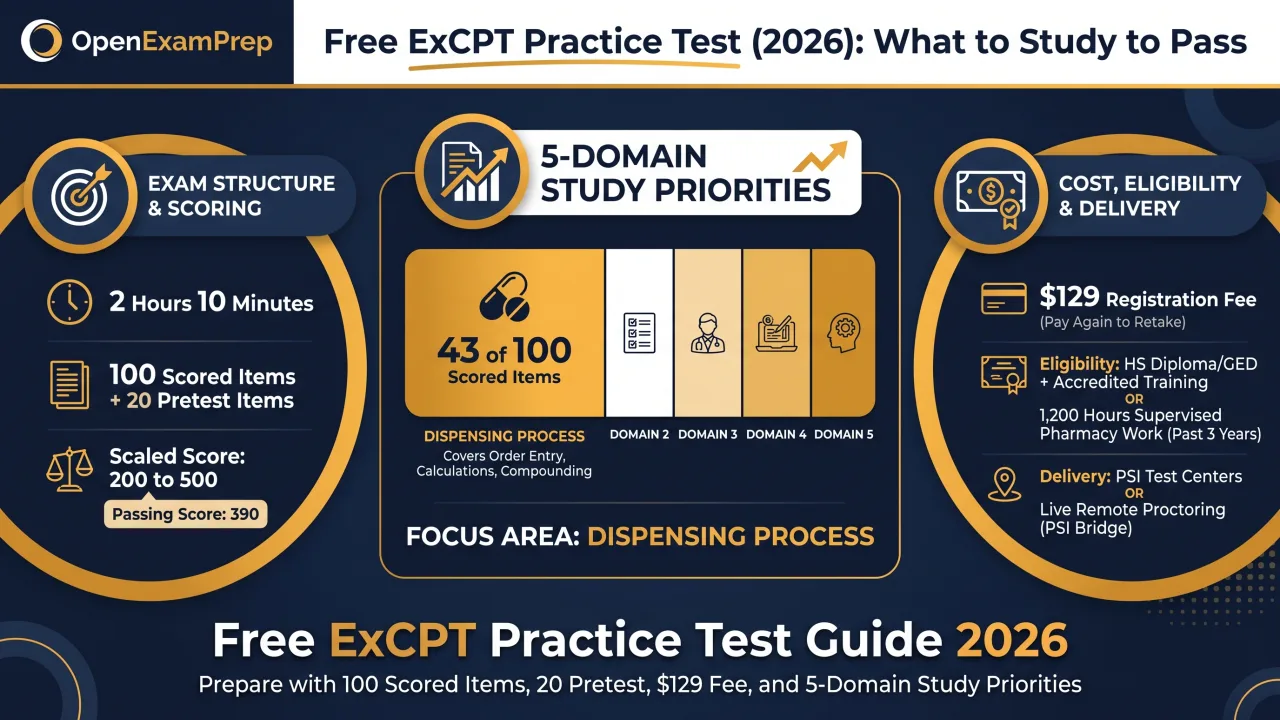 Free ExCPT practice test guide 2026 with 100 scored items, 20 pretest, $129 fee, and 5-domain study priorities