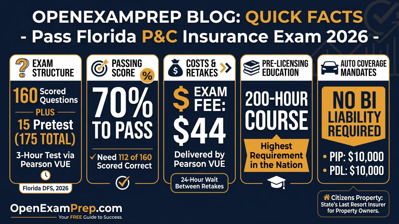 Florida 2-20 P&C Exam 2026: 160 scored questions, 70% to pass, 3-hour Pearson VUE test, 200-hour course, no BI liability