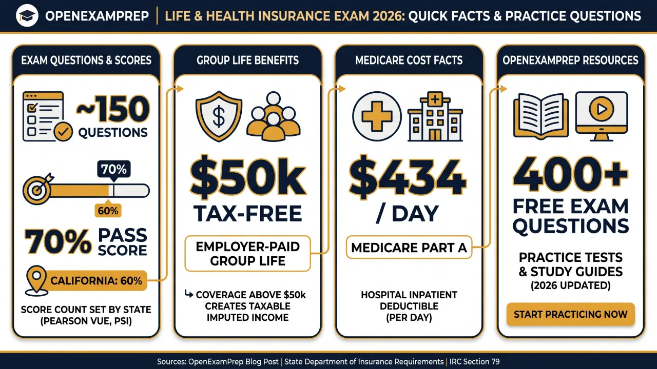 Life & Health Exam 2026: ~150 questions, 70% pass (CA 60%), $50k tax-free group life, Medicare Part A $434/day.