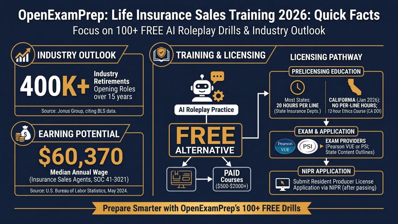 Life Insurance Sales Training 2026: 400K industry retirements opening roles, AI roleplay practice, paid courses $500-$2000+, free alternative