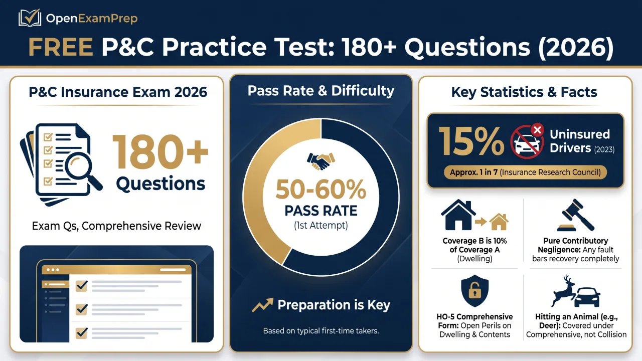 P&C Insurance Exam 2026: 180+ questions, 50-60% pass rate, 15% uninsured drivers.