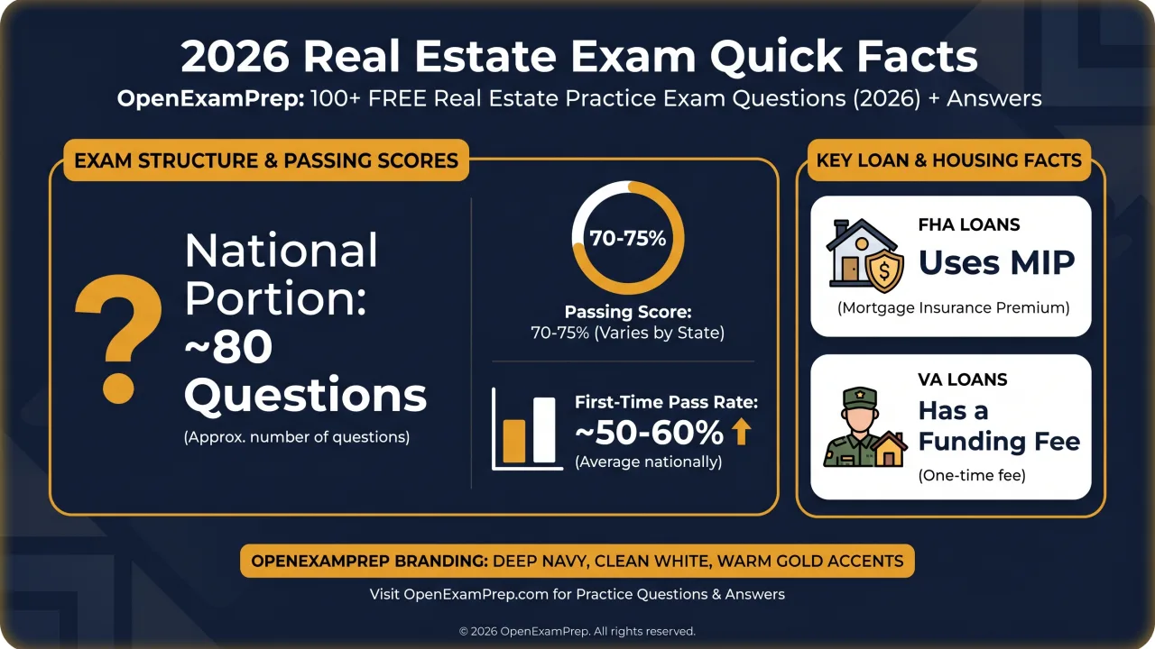 Real Estate Exam 2026: national portion about 80 questions, passing score 70-75% (varies by state), about 50-60% first-time pass rate, FHA uses MIP, VA has a funding fee
