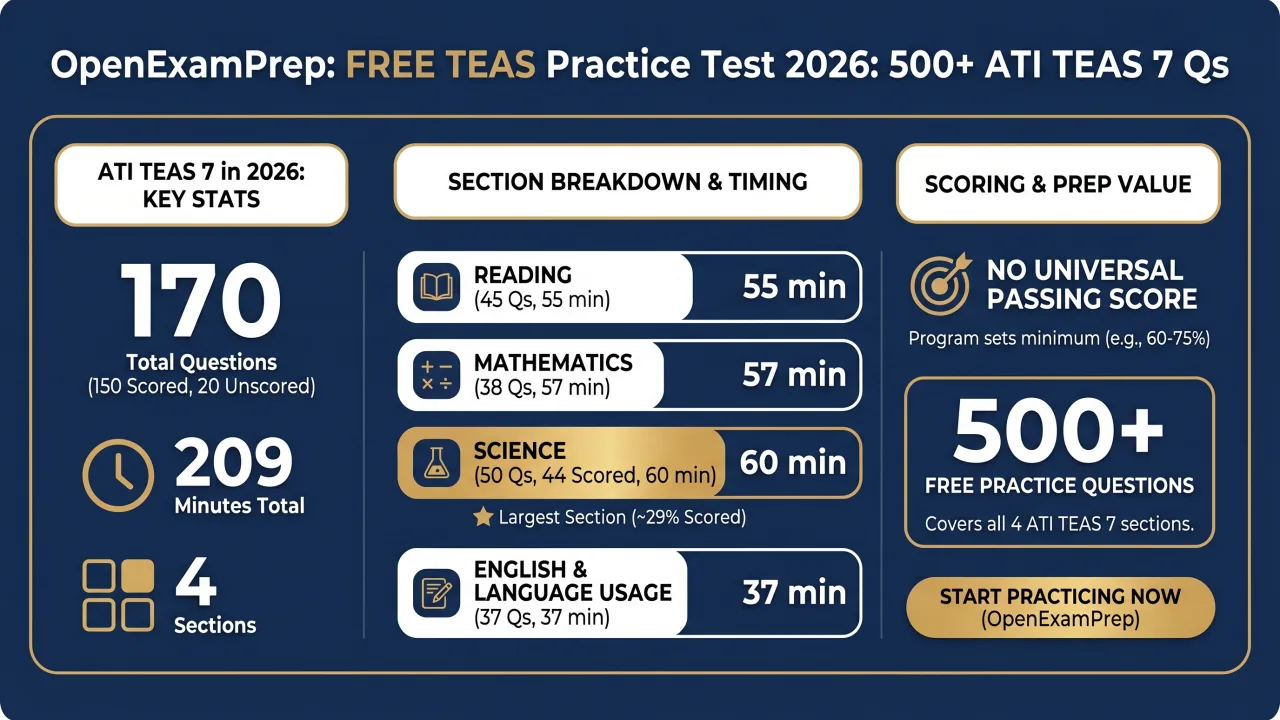 ATI TEAS 7 in 2026: 170 questions (150 scored), 4 sections, 209 minutes, and no universal passing score (each program sets its own).