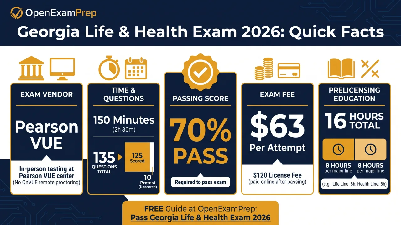 Georgia L&H 2026: Pearson VUE, 135 questions (125 scored), 70% pass, 150 minutes, $63 fee, 16-hour prelicensing (8 per line)