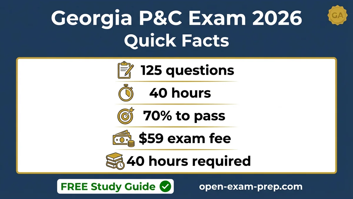 Georgia P&C Exam 2026: 125 questions, 70% passing, $59 fee, 40-hour education