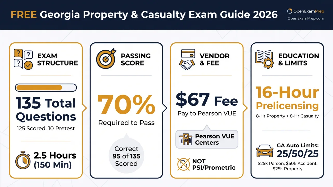 Georgia P&C Exam 2026: 135 questions (125 scored), 70% passing, $67 Pearson VUE fee, 16-hour prelicensing
