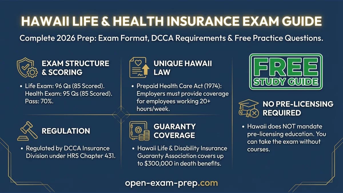 Hawaii Life & Health Exam 2026: 96/95 questions, 70% pass, no pre-licensing, 20+ hours for health coverage